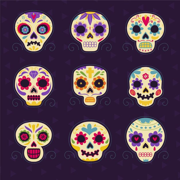 Colección calaveras dia de muertos planos dibujados a mano