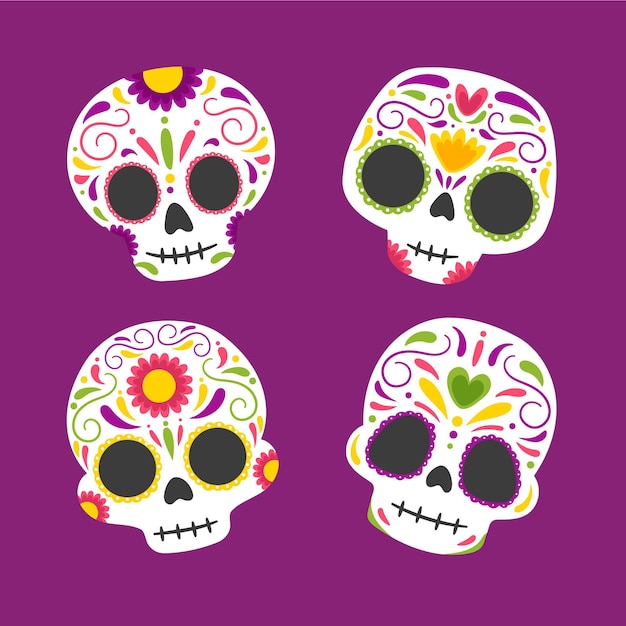 Vector gratuito colección calaveras dia de muertos planos dibujados a mano