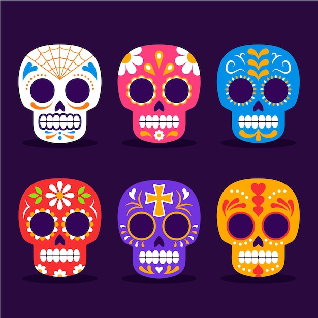 Vector gratuito colección calaveras dia de muertos planos dibujados a mano