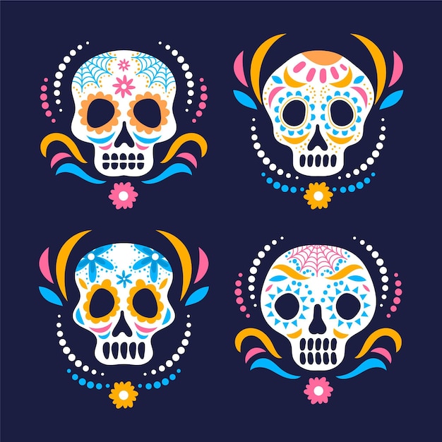 Colección calaveras dia de muertos planos dibujados a mano