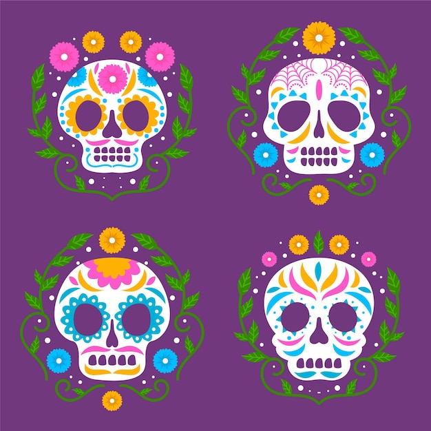 Vector gratuito colección calaveras dia de muertos planos dibujados a mano