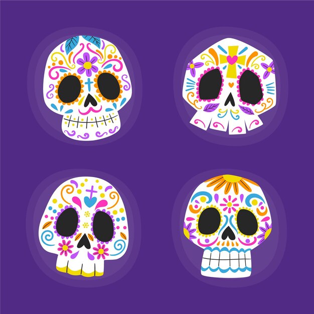 Colección calaveras dia de muertos planos dibujados a mano