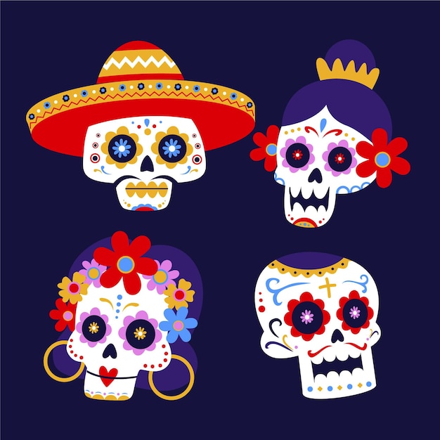 Colección calaveras dia de muertos planos dibujados a mano