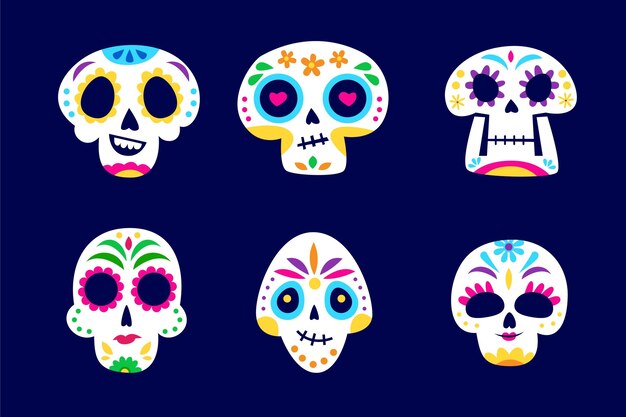 Colección calaveras dia de muertos planos dibujados a mano