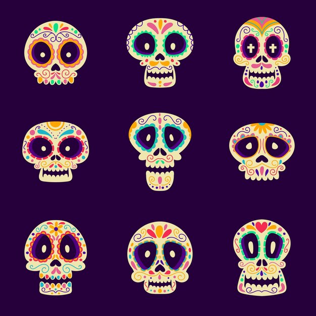 Colección calaveras dia de muertos planos dibujados a mano