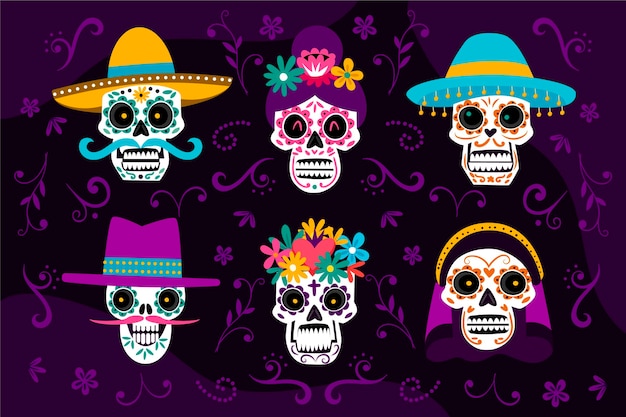 Vector gratuito colección calaveras dia de muertos planos dibujados a mano