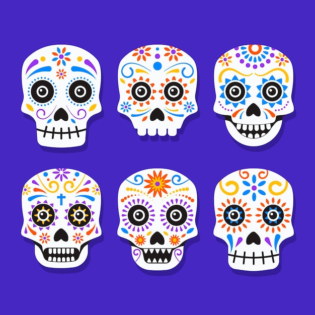 Vector gratuito colección calaveras dia de muertos planos dibujados a mano