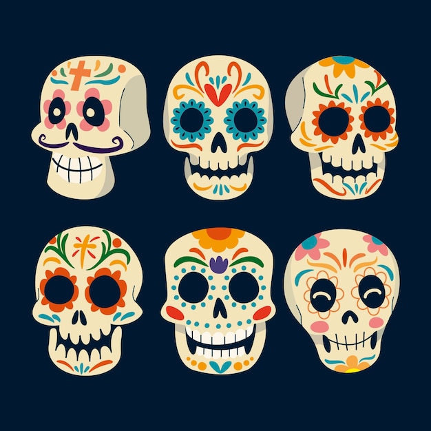 Vector gratuito colección calaveras dia de muertos planos dibujados a mano