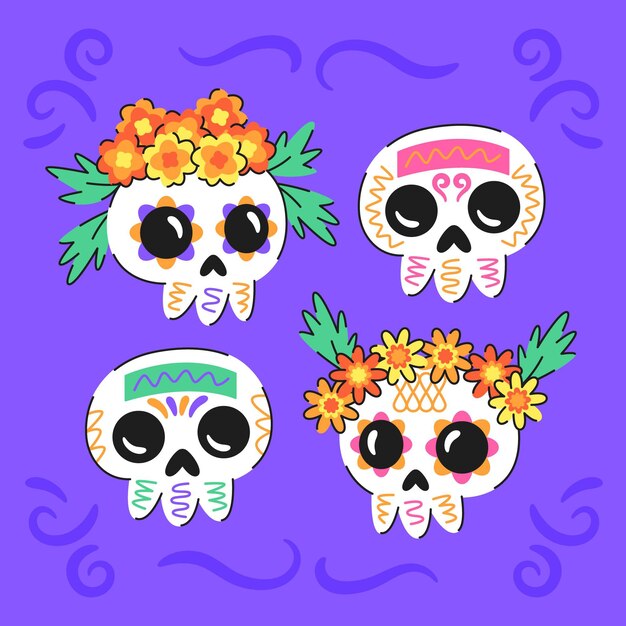 Colección calaveras dia de muertos planos dibujados a mano