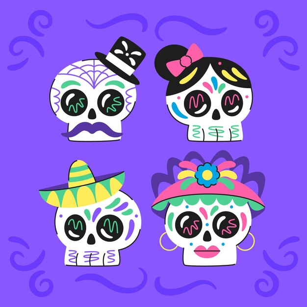 Colección calaveras dia de muertos planos dibujados a mano