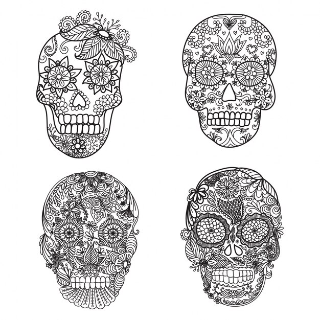 Colección de calaveras dibujadas a mano