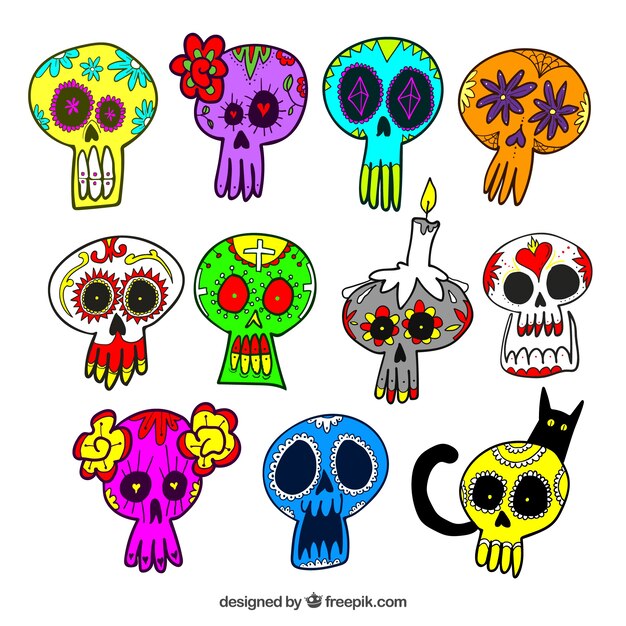 Colección de calaveras mexicanas de colores dibujadas a mano 