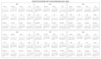 Vector gratuito colección de calendario blanco y negro 2022-2026