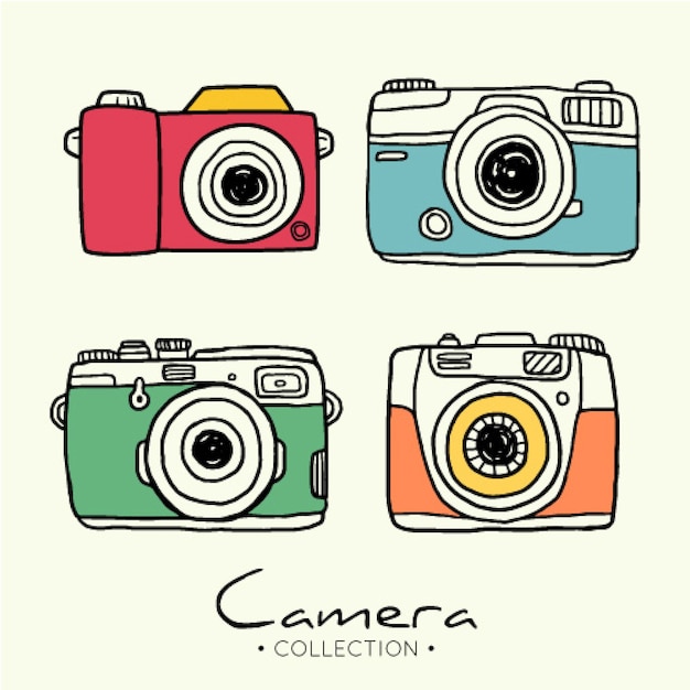 Colección cámaras de fotos dibujada a mano