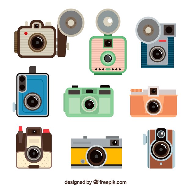 Colección de cámaras de fotos con diseño plano