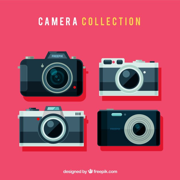 Colección de cámaras de fotos retro con diseño plano