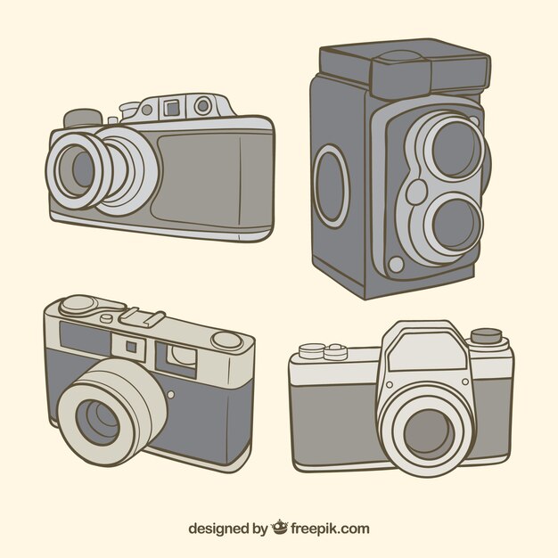 Colección de cámaras retro dibujadas a mano
