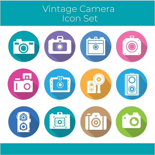 Colección de cámaras vintage dentro de círculos de colores