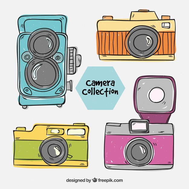 Colección cámaras vintage dibujada a mano