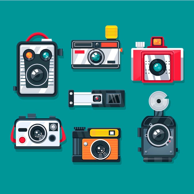 Colección de cámaras vintage de diseño plano
