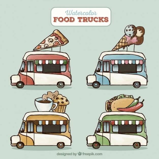 Colección de camiones de comida en acuarela