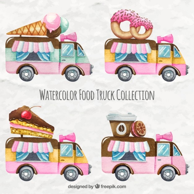 Vector gratuito colección de camionetas de comida dulce de acuarela