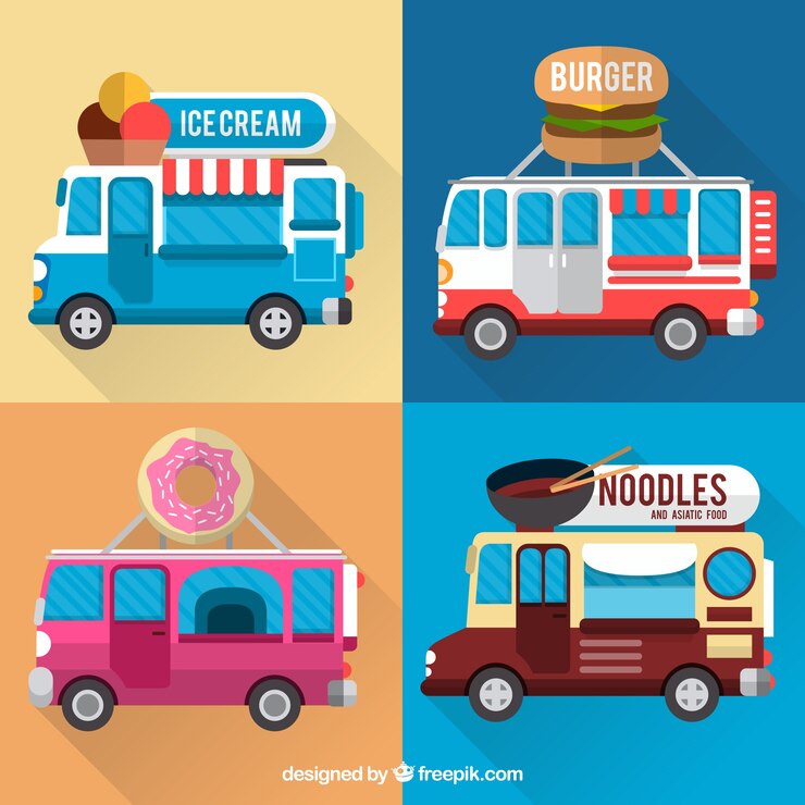 Vector gratuito colección de camionetas de comida planas