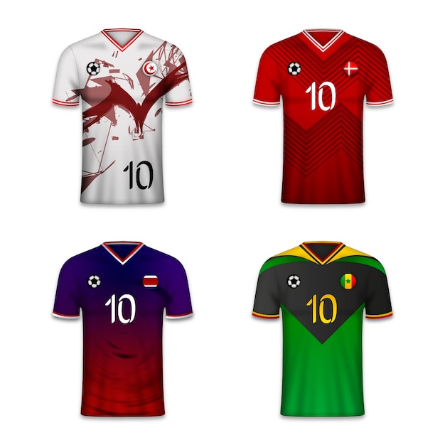 Vector gratuito colección de camisetas del equipo de fútbol degradado.