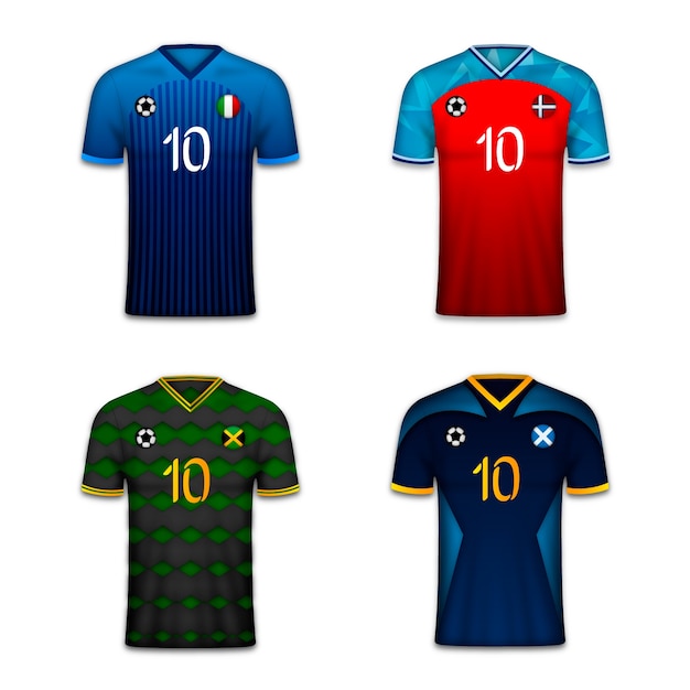 Vector gratuito colección de camisetas del equipo de fútbol degradado.