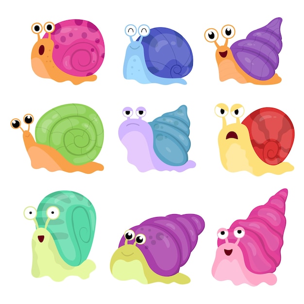 Colección de caracol divertido con concha de diferentes colores y emoción veriosa en personaje de dibujos animados aislado en la ilustración de vector de fondo blanco
