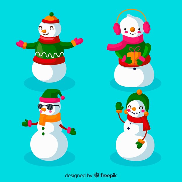 Colección del carácter del muñeco de nieve en diseño plano