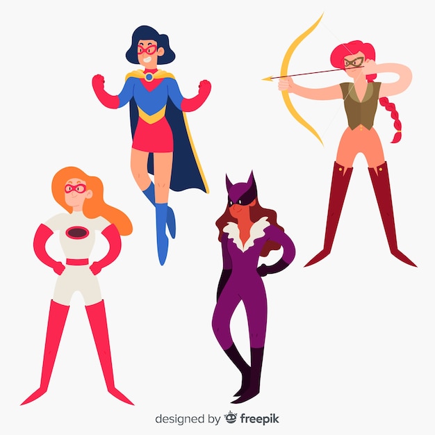 Colección de caracteres femeninos de superheroes dibujados a mano