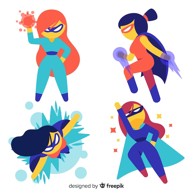 Colección de caracteres femeninos de superheroes en estilo de dibujo animado