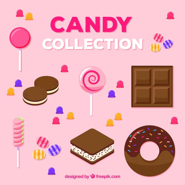 Colección de caramelos deliciosos en estilo plano