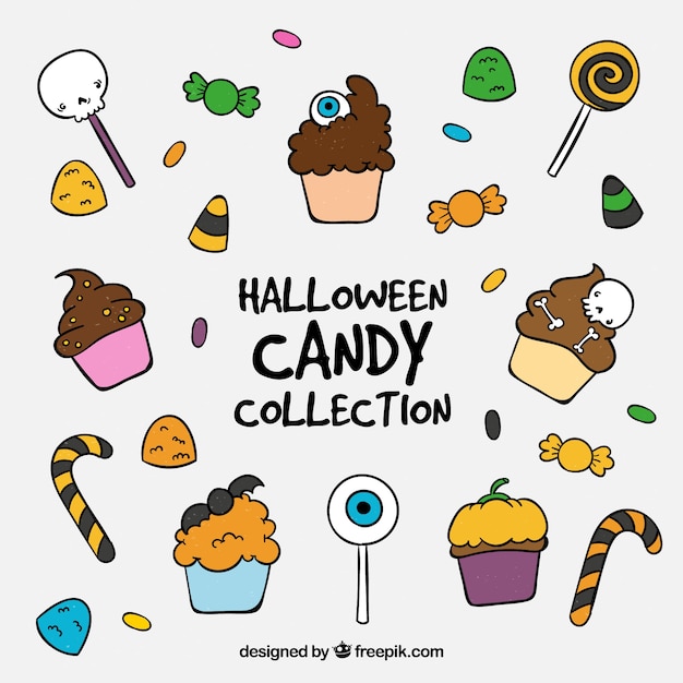 Colección de caramelos y pasteles de halloween dibujados a mano