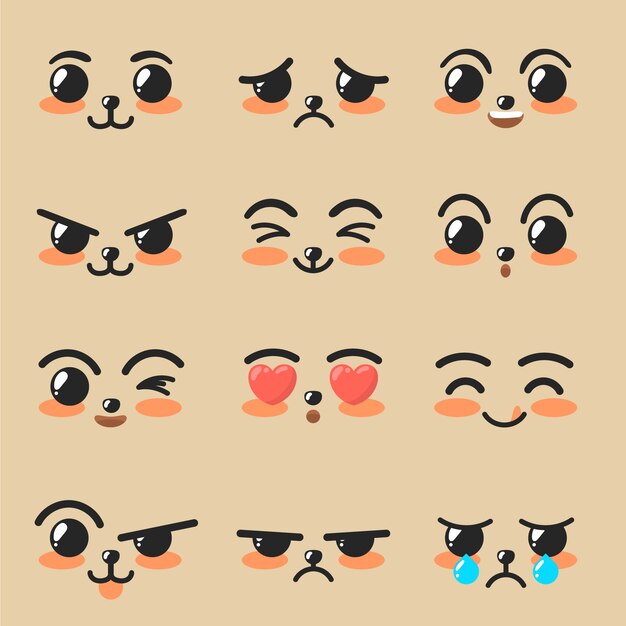 Colección de caras kawaii dibujadas a mano