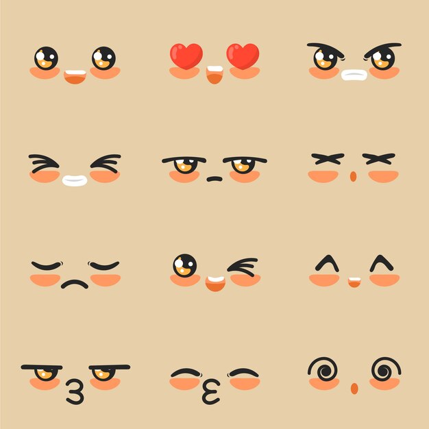 Colección de caras kawaii dibujadas a mano