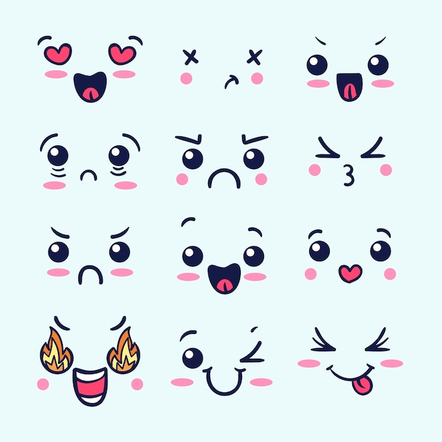 Colección de caras Kawaii dibujadas a mano