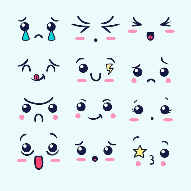 Colección de caras Kawaii dibujadas a mano