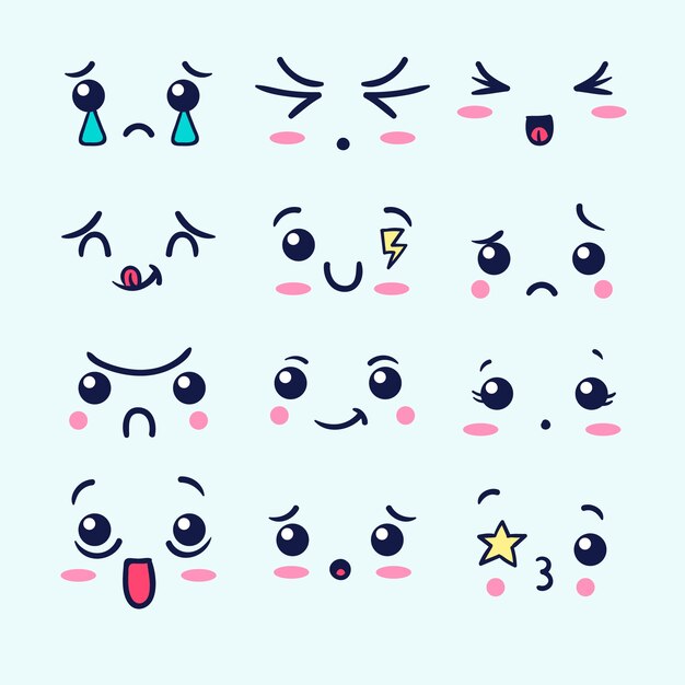 Colección de caras Kawaii dibujadas a mano