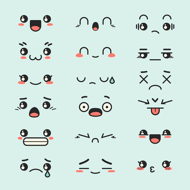Colección de caras kawaii dibujadas a mano