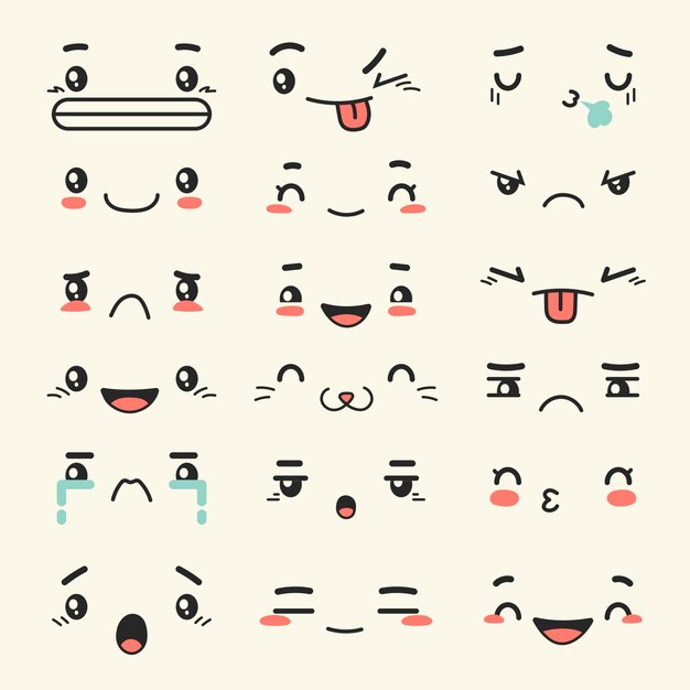 Colección de caras kawaii dibujadas a mano