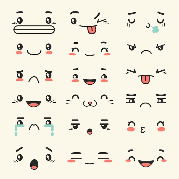 Colección de caras kawaii dibujadas a mano