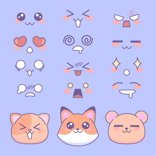 Colección de caras kawaii dibujadas a mano