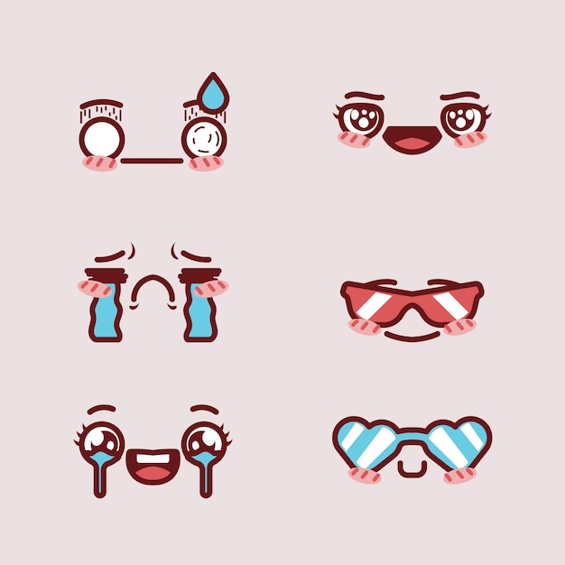 Colección de caras kawaii dibujadas a mano