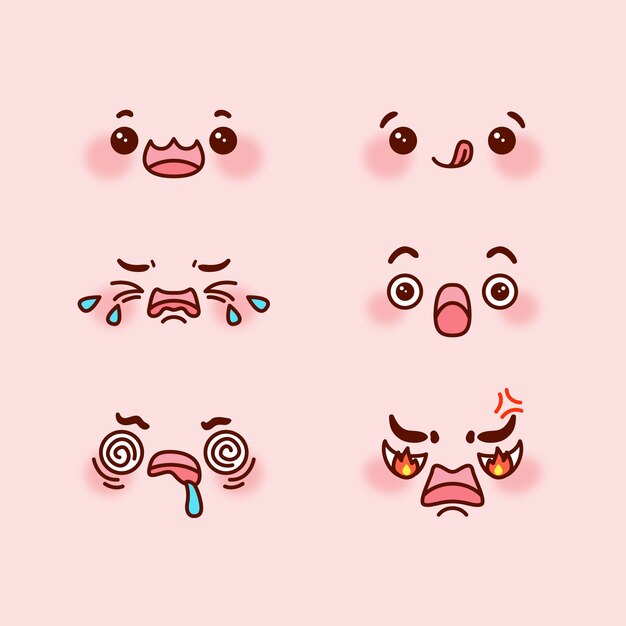 Colección de caras kawaii dibujadas a mano