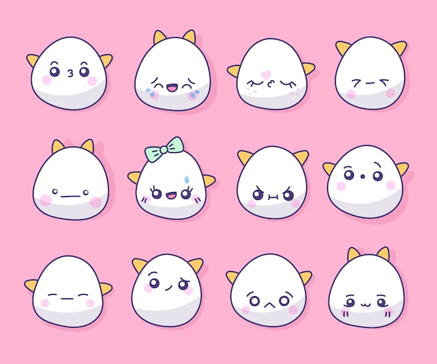 Colección de caras kawaii dibujadas a mano