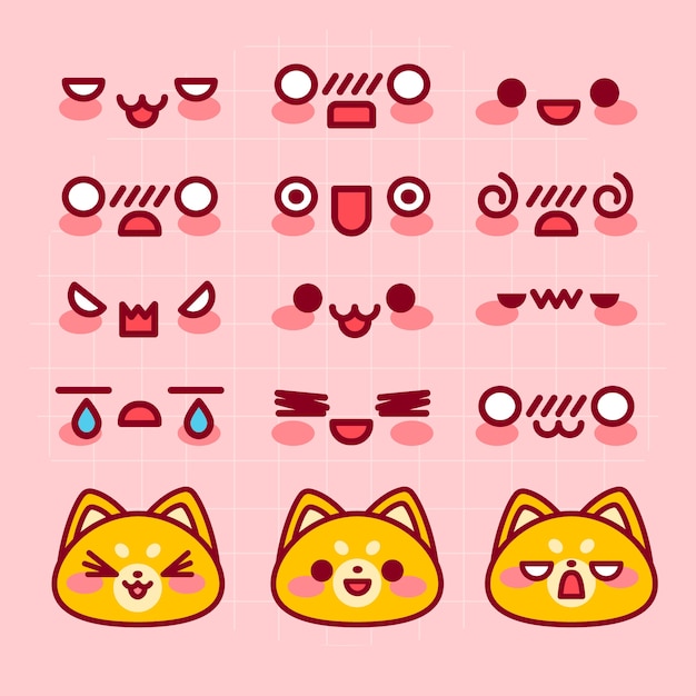 Colección de caras kawaii dibujadas a mano