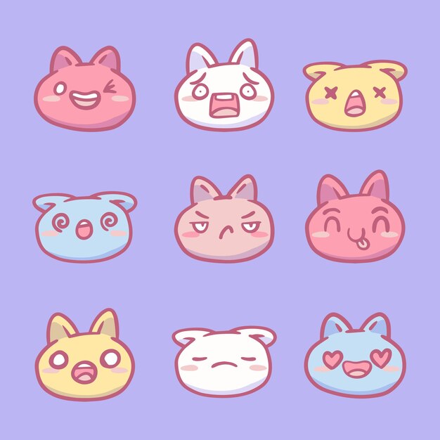 Colección de caras kawaii dibujadas a mano