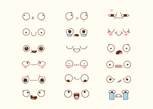 Colección de caras kawaii dibujadas a mano